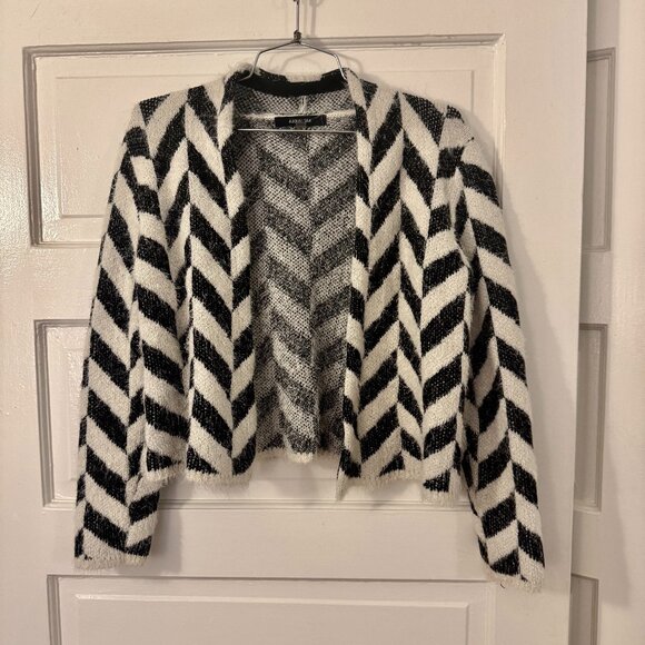 August Silk Black & White Chevron Fuzzy Mod Cardigan Sweater - Medium - Picture 1 of 7